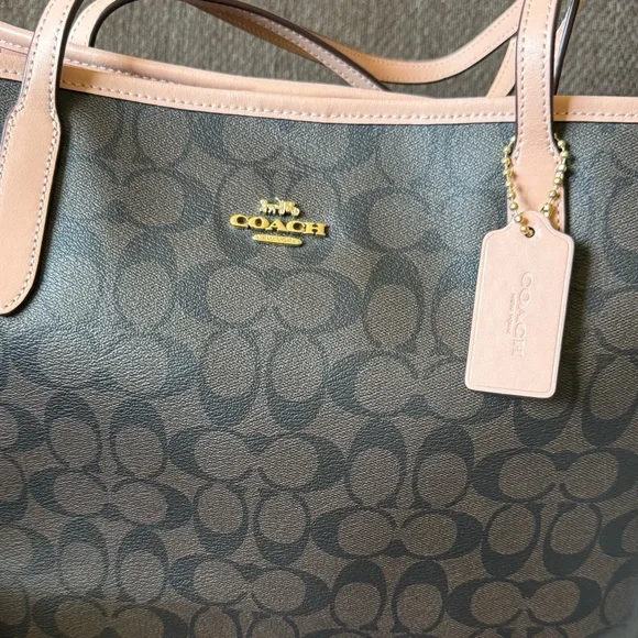 COACH Brown/Pink Signature Coated Canvas Gold-Tone Hardware City Tote Bag - Picture 2 of 12